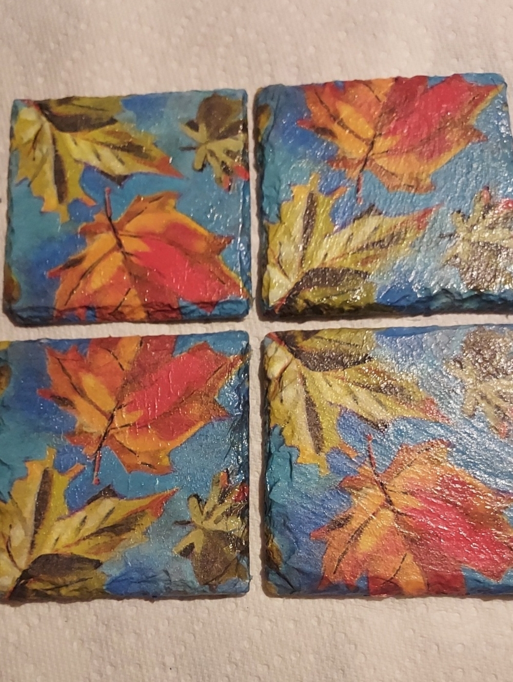 Autumn Leaf Slate Coasters - Blue Background, Red & Yellow Leaves (Set of 4)